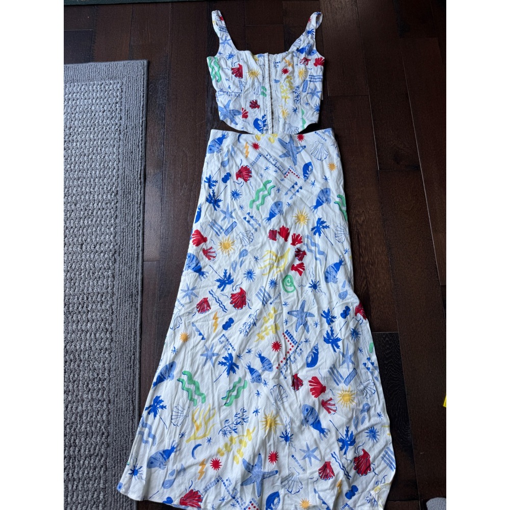 SO Women Two Piece Set Corset Crop Top and Maxi Skirt Coastal Beach Print Large